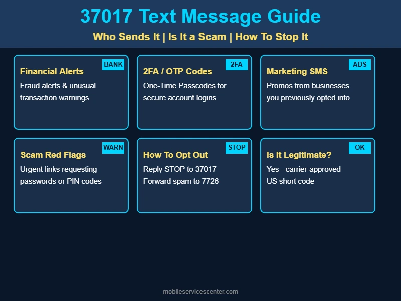 37017 text message infographic showing who sends it scam red flags and how to stop it - mobileservicescenter.com
