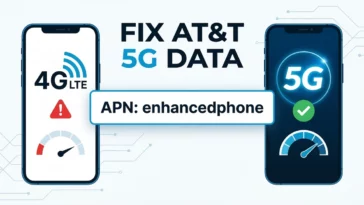 Infographic showing how to fix AT&T APN settings for 5G using the enhancedphone configuration on Android