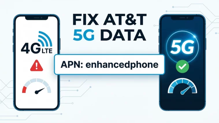 Infographic showing how to fix AT&T APN settings for 5G using the enhancedphone configuration on Android