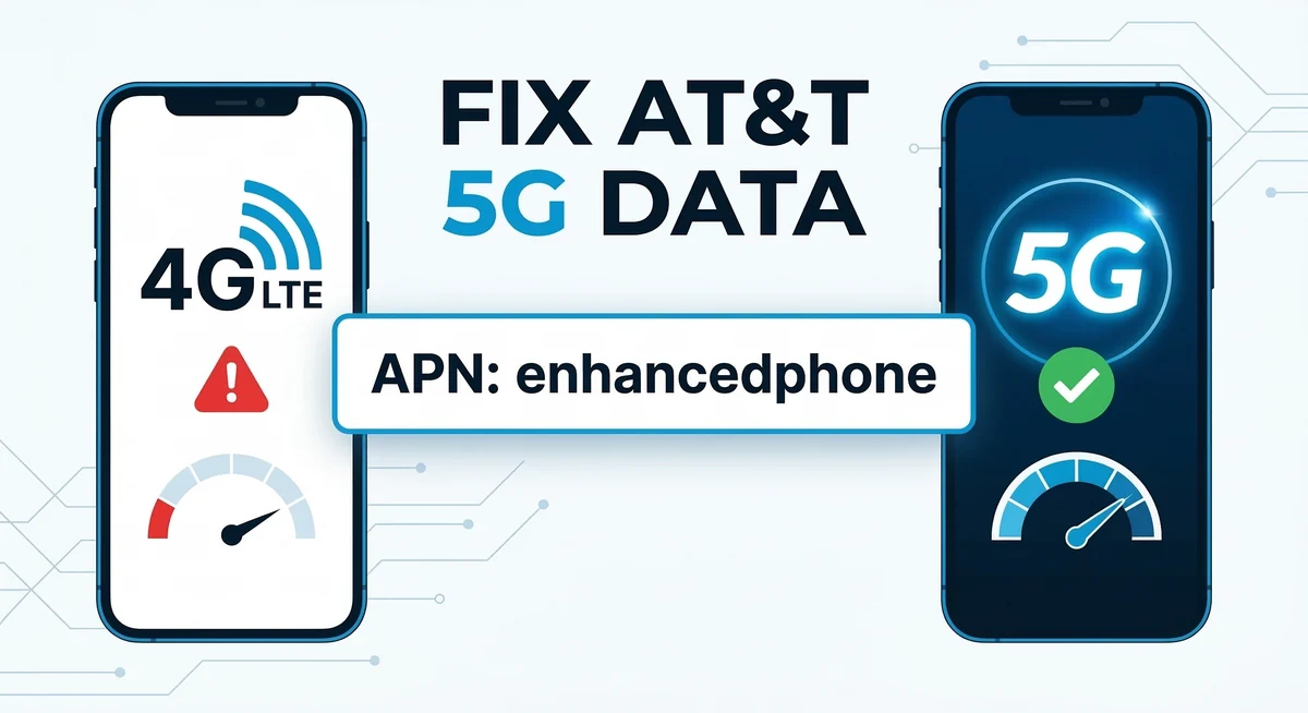 Infographic showing how to fix AT&T APN settings for 5G using the enhancedphone configuration on Android