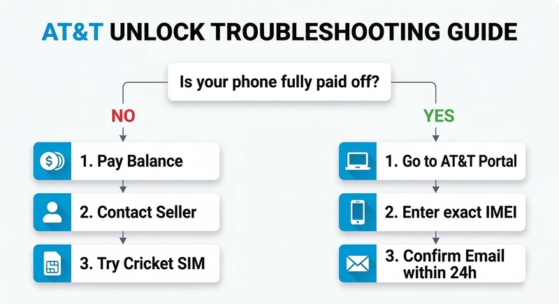 Flowchart showing steps to fix an AT&T device unlock request denied error including unpaid phone and portal instructions