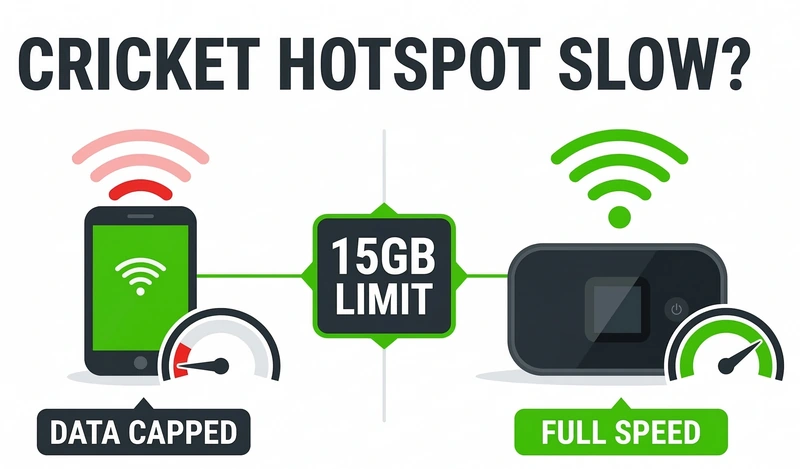 Infographic explaining why Cricket wireless mobile hotspot is slow and how the 15GB data cap affects Wi-Fi speed