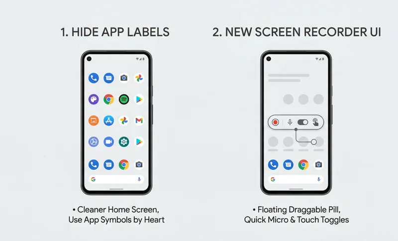 Infographic displaying the new hidden app labels and redesigned screen recorder UI in Android 17 Beta 3 on Google Pixel