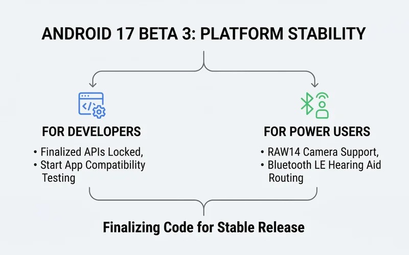 Flowchart infographic explaining Android 17 Platform Stability, developer API updates, and new features like RAW14 and Bluetooth LE Audio
