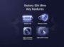 Infographic displaying the top features of the Galaxy S26 Ultra, including the 30-hour battery life, built-in privacy screen, 200MP camera, and Snapdragon 8 Elite Gen 5 chip.