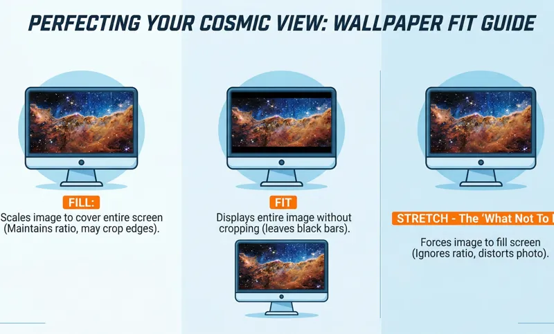 Visual comparison guide showing how Fill, Fit, and Stretch display settings affect a high-resolution desktop wallpaper on a computer monitor.