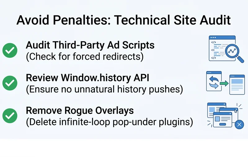 A technical SEO audit checklist infographic detailing how to review third-party ad scripts, the Window history API, and rogue overlays to prevent Google Search penalties.