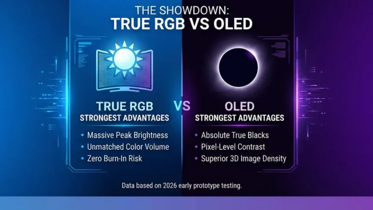 Split-screen infographic comparing the core advantages of Sony True RGB, such as massive peak brightness and color volume, against OLED's true blacks and pixel-level contrast.