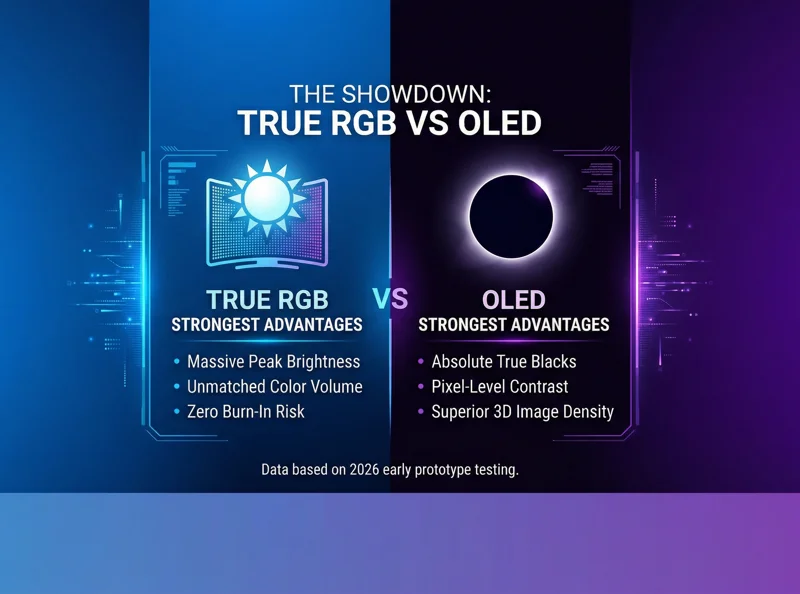 Split-screen infographic comparing the core advantages of Sony True RGB, such as massive peak brightness and color volume, against OLED's true blacks and pixel-level contrast.