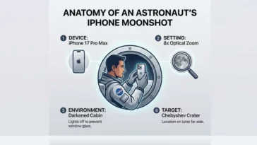 Infographic detailing how Commander Reid Wiseman used an iPhone 17 Pro Max with 8x zoom to photograph the Chebyshev crater from the darkened Orion capsule.