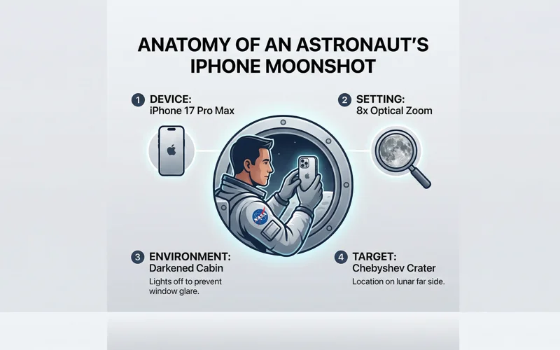 Infographic detailing how Commander Reid Wiseman used an iPhone 17 Pro Max with 8x zoom to photograph the Chebyshev crater from the darkened Orion capsule.