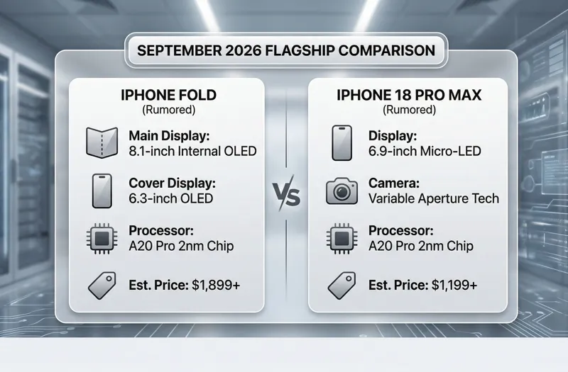 A detailed comparison chart showing the rumored specs of the first Apple iPhone Fold and the iPhone 18 Pro Max, featuring the A20 Pro 2nm chip, expected for a September 2026 release.