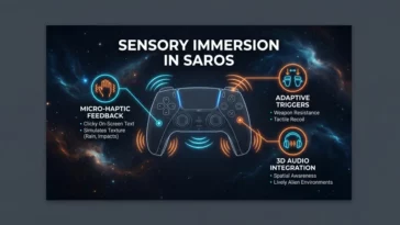 Infographic illustrating the PS5 DualSense controller features used in the game Saros, highlighting micro-haptic feedback, adaptive triggers, and 3D audio integration.