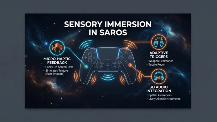 Infographic illustrating the PS5 DualSense controller features used in the game Saros, highlighting micro-haptic feedback, adaptive triggers, and 3D audio integration.