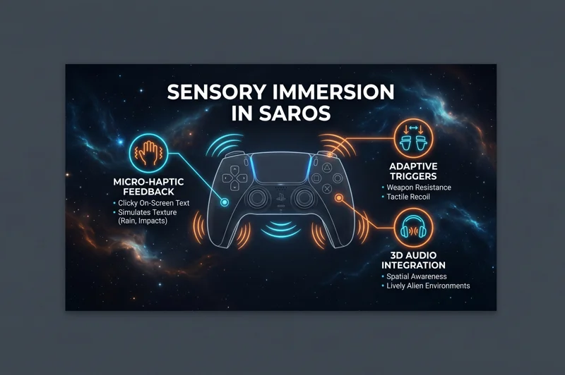 Infographic illustrating the PS5 DualSense controller features used in the game Saros, highlighting micro-haptic feedback, adaptive triggers, and 3D audio integration.