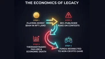 Flowchart infographic showing how players invested 54 million dollars in Legacy NFT land, the 85 percent publisher rake, and the subsequent economic failure that funded Peter Molyneux's next game.