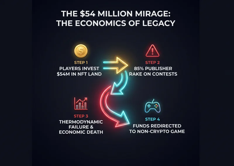 Flowchart infographic showing how players invested 54 million dollars in Legacy NFT land, the 85 percent publisher rake, and the subsequent economic failure that funded Peter Molyneux's next game.