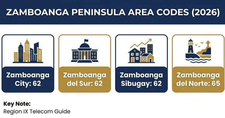 Infographic detailing the specific area code Zamboanga uses for each province, including the area code Zamboanga City, Del Sur, Sibugay, and Del Norte.