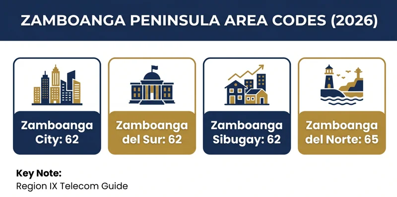 Infographic detailing the specific area code Zamboanga uses for each province, including the area code Zamboanga City, Del Sur, Sibugay, and Del Norte.