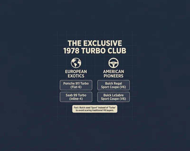 Retro-modern infographic titled The Exclusive 1978 Turbo Club, comparing European imports like the Porsche 911 Turbo and Saab 99 Turbo with American pioneers like the Buick Regal Sport Coupe and LeSabre Sport Coupe.