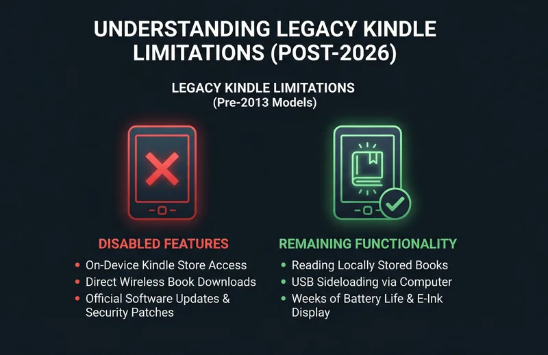 Infographic explaining which features are disabled, like store access, and which features remain functional, like offline reading, on legacy pre-2013 Amazon Kindle e-readers.