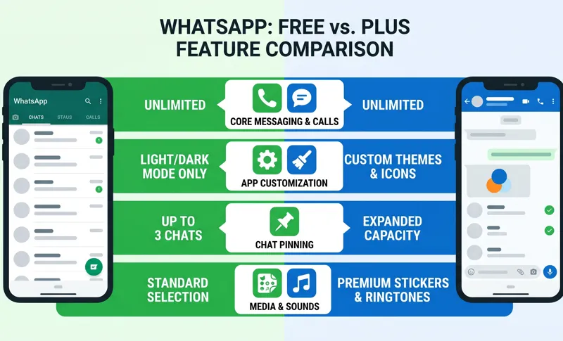 Infographic comparing standard free WhatsApp features with the new premium WhatsApp Plus subscription, highlighting custom themes, expanded chat pinning, and premium stickers.