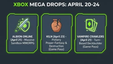 Sleek dark grey and neon green gaming infographic titled Xbox Mega Drops April 20-24, featuring glowing data cards for upcoming Xbox games: Albion Online, Kiln, and Vampire Crawlers.