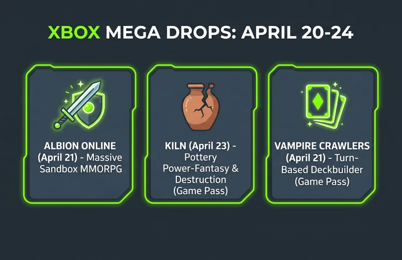 Sleek dark grey and neon green gaming infographic titled Xbox Mega Drops April 20-24, featuring glowing data cards for upcoming Xbox games: Albion Online, Kiln, and Vampire Crawlers.