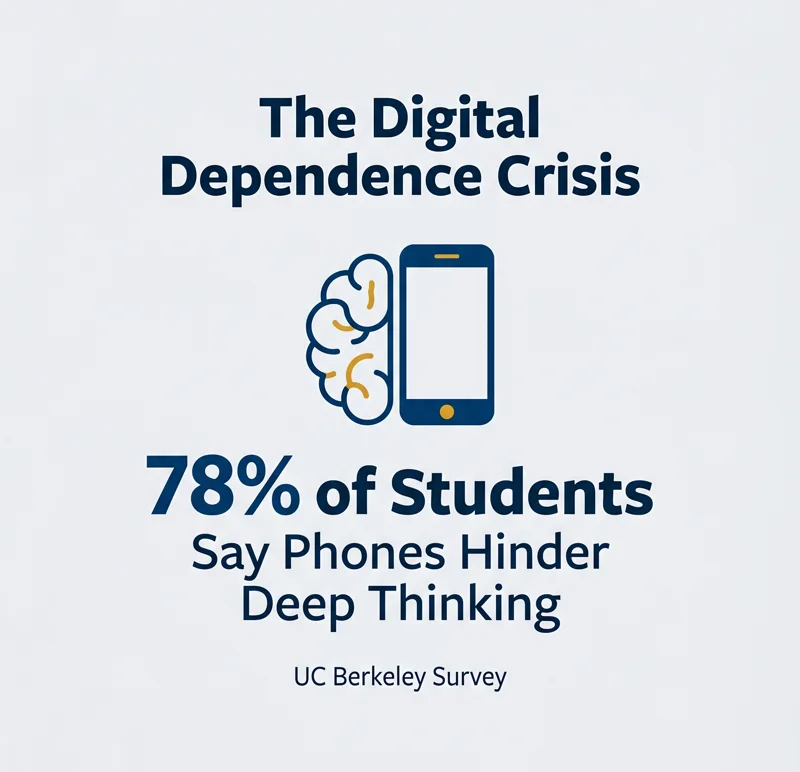Infographic illustrating a UC Berkeley survey where 78 percent of college students report that smartphone use hinders their deep thinking and creativity.