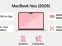 A flat-design infographic displaying the Apple MacBook Neo in pink, highlighting key features like the A18 Pro Chip, 8GB Unified Memory, 18-hour battery life, and high repairability for students and commuters.