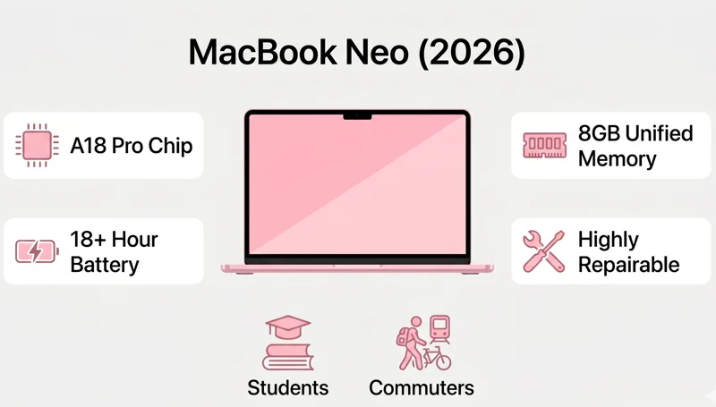 A flat-design infographic displaying the Apple MacBook Neo in pink, highlighting key features like the A18 Pro Chip, 8GB Unified Memory, 18-hour battery life, and high repairability for students and commuters.