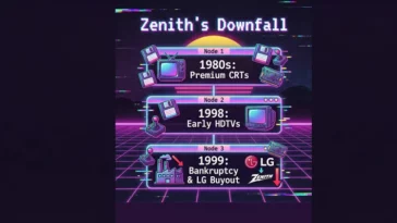 An infographic timeline showing the rise and fall of Zenith TVs, from their premium CRTs in the 1980s to the early HDTVs in 1998, and their eventual 1999 bankruptcy and buyout by LG