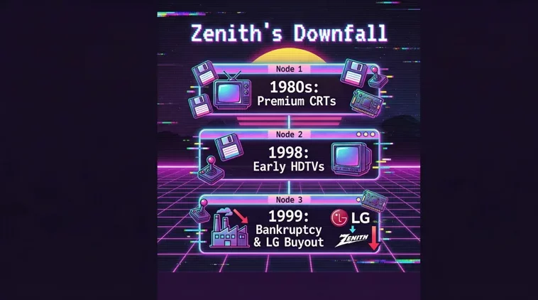 An infographic timeline showing the rise and fall of Zenith TVs, from their premium CRTs in the 1980s to the early HDTVs in 1998, and their eventual 1999 bankruptcy and buyout by LG