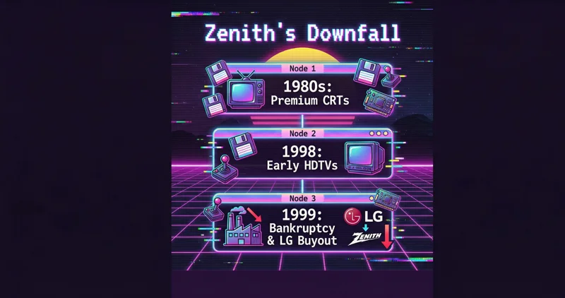 An infographic timeline showing the rise and fall of Zenith TVs, from their premium CRTs in the 1980s to the early HDTVs in 1998, and their eventual 1999 bankruptcy and buyout by LG