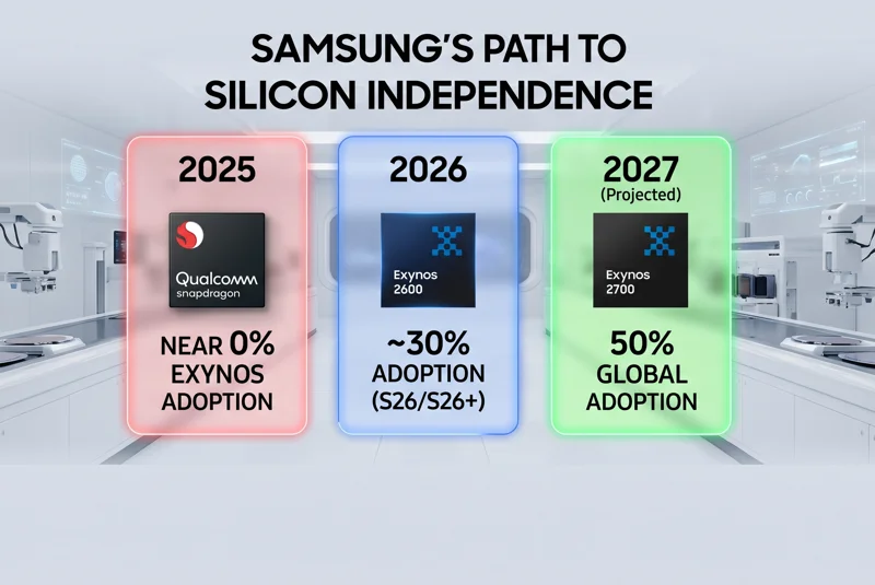 Timeline infographic showing Samsung's path to silicon independence, moving from near zero percent Exynos adoption in 2025 to a projected 50 percent adoption of the Exynos 2700 in the 2027 Galaxy S27 series.