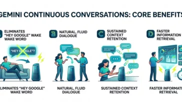Infographic detailing the core benefits of Gemini for Home continuous conversations, including eliminating the Hey Google wake word, natural dialogue, context retention, and faster information retrieval.