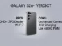 Infographic summarizing the pros and cons of the Samsung Galaxy S26 Plus, listing the QHD+ LTPO display and Wi-Fi 7 as advantages, and unchanged cameras, 45W charging, and low 480Hz PWM dimming as disadvantages.