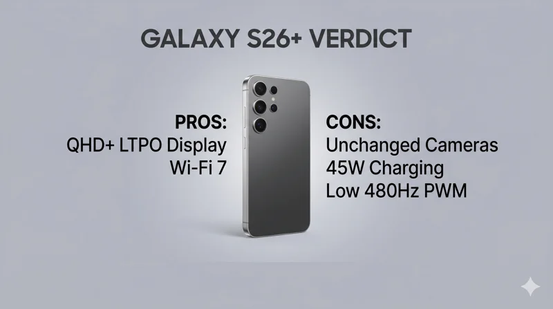 Infographic summarizing the pros and cons of the Samsung Galaxy S26 Plus, listing the QHD+ LTPO display and Wi-Fi 7 as advantages, and unchanged cameras, 45W charging, and low 480Hz PWM dimming as disadvantages.