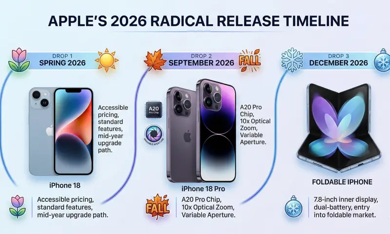 Timeline infographic showing Apple's radical new 2026 release schedule, featuring the standard iPhone 18 in spring, the Pro models in September, and the new foldable iPhone in December.