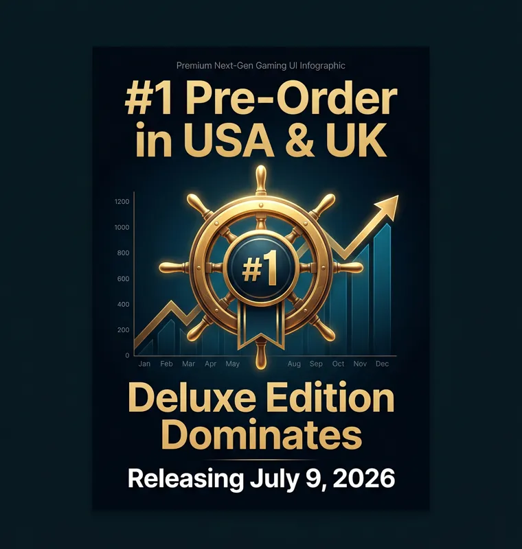 Infographic showing the Assassin's Creed Black Flag Resynced Deluxe Edition as the number one best-selling PS5 pre-order in the USA and UK, with a July 9, 2026 release date.