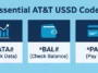 Infographic showing the most important AT&T USSD codes including *DATA# for data usage, *BAL# for account balance, and *PAY# to pay bills.