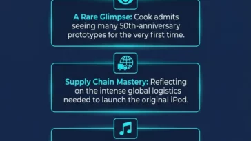 Infographic timeline showcasing Apple's secret archives and 50 years of innovation, featuring the Apple II patent, bulky early iPod prototypes, original iPhone molds, and Apple Watch concepts.