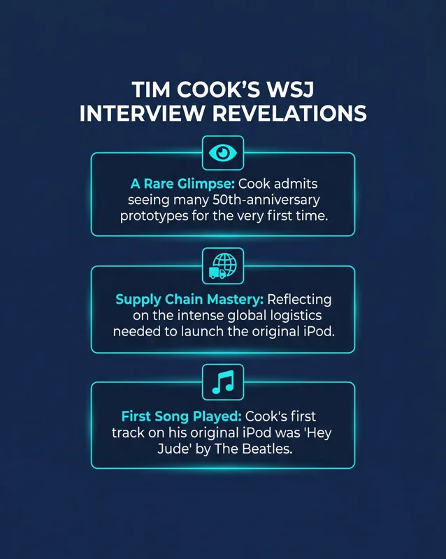 Infographic timeline showcasing Apple's secret archives and 50 years of innovation, featuring the Apple II patent, bulky early iPod prototypes, original iPhone molds, and Apple Watch concepts.
