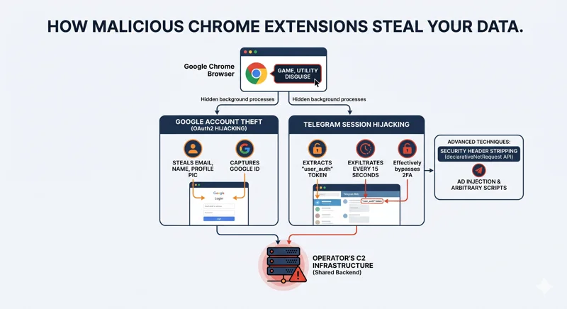 An infographic explaining how disguised malicious Chrome extensions steal Google OAuth2 data and hijack Telegram Web sessions using hidden background processes.