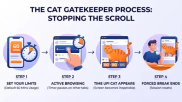 A 4-step infographic showing how the Cat Gatekeeper Chrome extension works, from setting time limits to the giant cat appearing on the screen to force a social media break.