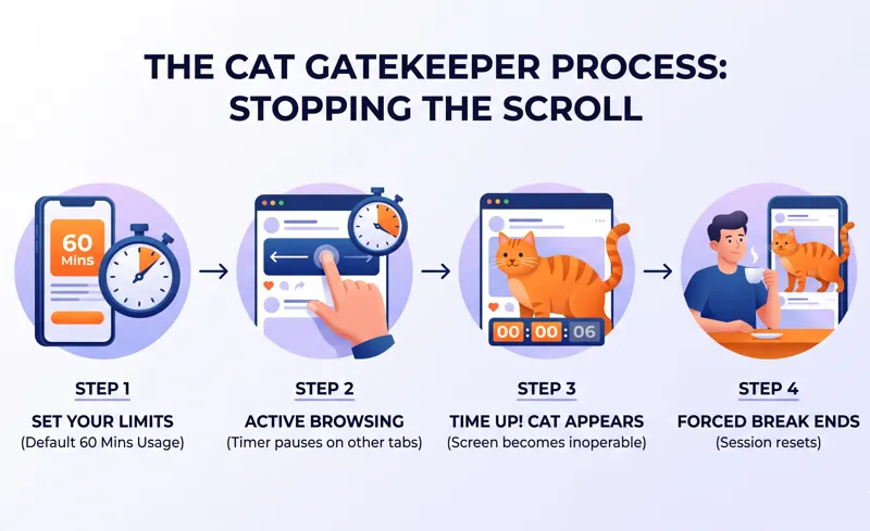 A 4-step infographic showing how the Cat Gatekeeper Chrome extension works, from setting time limits to the giant cat appearing on the screen to force a social media break.