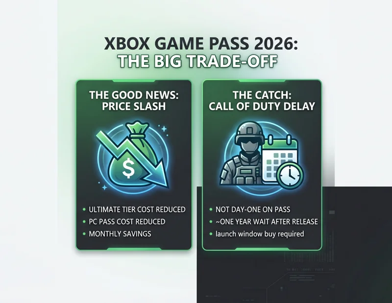 An infographic comparing the good news of the 2026 Xbox Game Pass Ultimate price drop with the catch of a one-year delay for new Call of Duty games on the service.