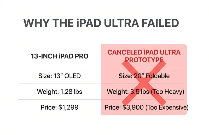 Infographic comparing the current 13-inch iPad Pro with the canceled 20-inch iPad Ultra prototype, highlighting the prototype's excessive 3.5-pound weight and $3,900 price tag.