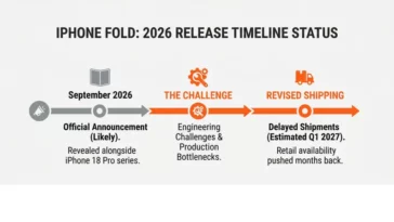 Timeline graphic showing the expected 2026 Apple foldable iPhone announcement in September, followed by engineering challenges delaying the release date to early 2027.