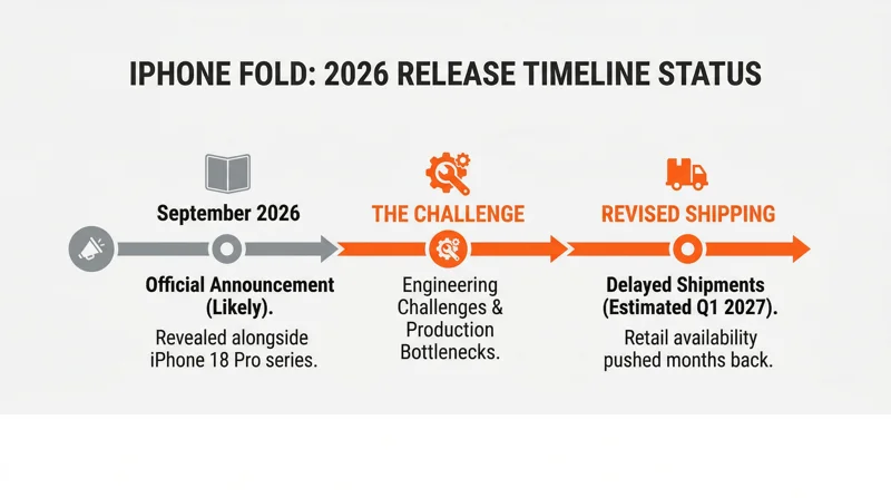 Timeline graphic showing the expected 2026 Apple foldable iPhone announcement in September, followed by engineering challenges delaying the release date to early 2027.